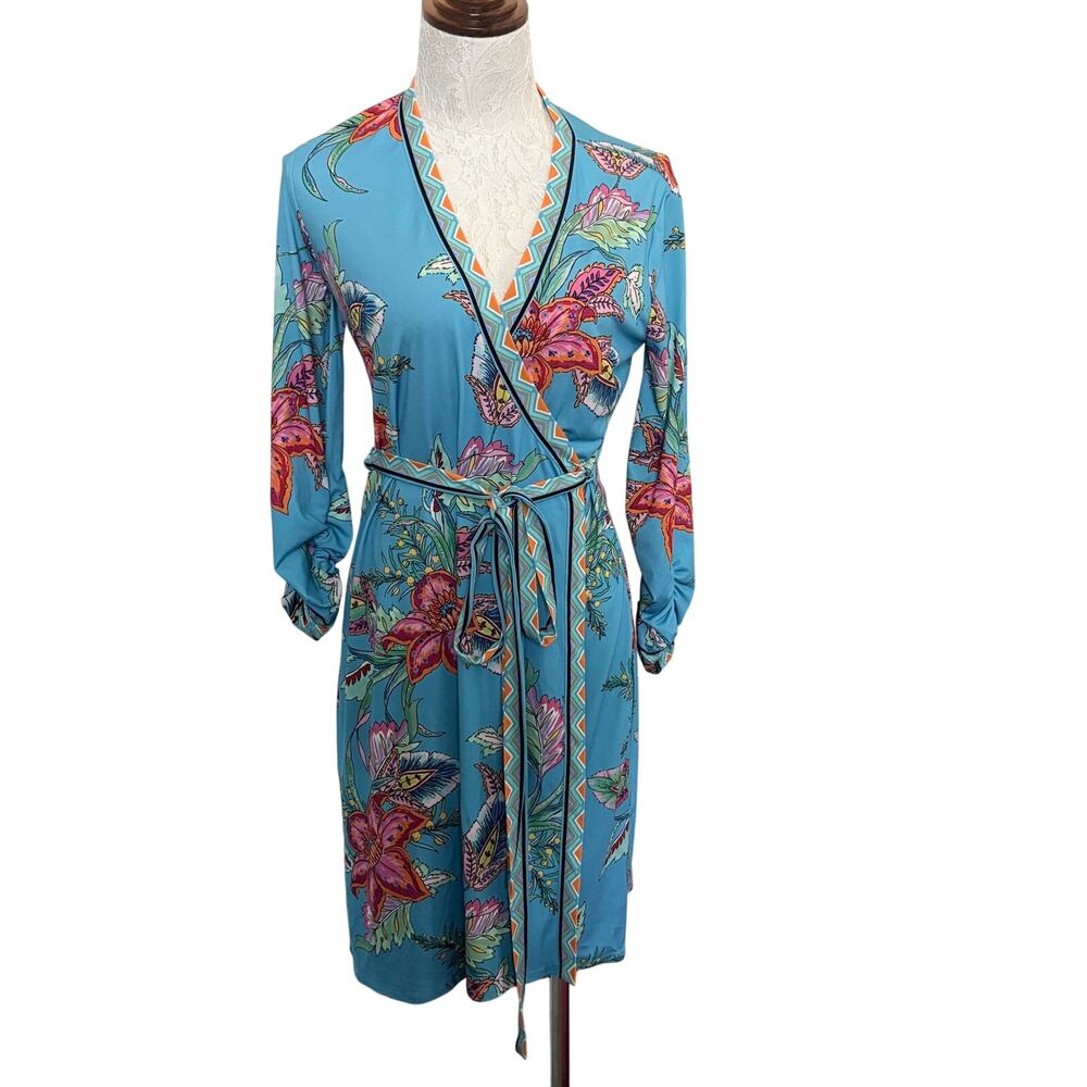 Hale Bob Floral Wrap Dress Women’s M Turquoise Long Sleeve Resort Boho